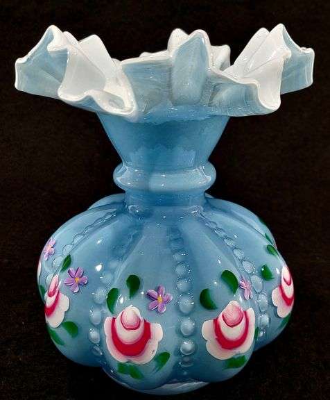 VTG Hand Painted Fenton Blue Glass Overlay Melon Vase w Ruffled Edge