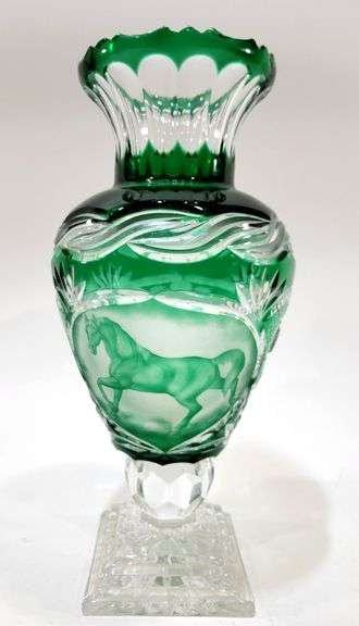 Antique Cut to Clear Large Green Crystal Vase w Frosted Horse Etching