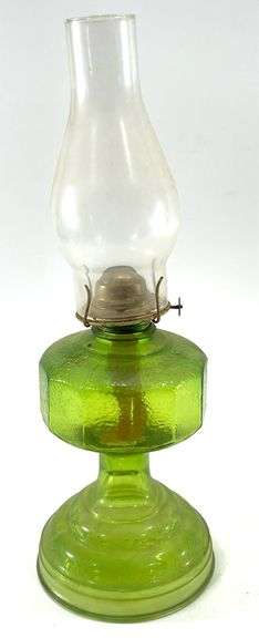 Vintage 18” Green Glass Oil Lamp w/ Shade
