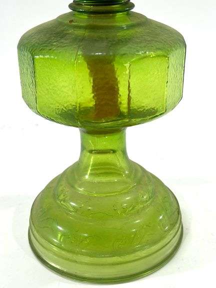 Vintage 18” Green Glass Oil Lamp w/ Shade