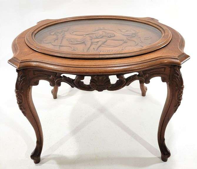 VTG Oak Oval Hand Carved Glass Top Tea Table