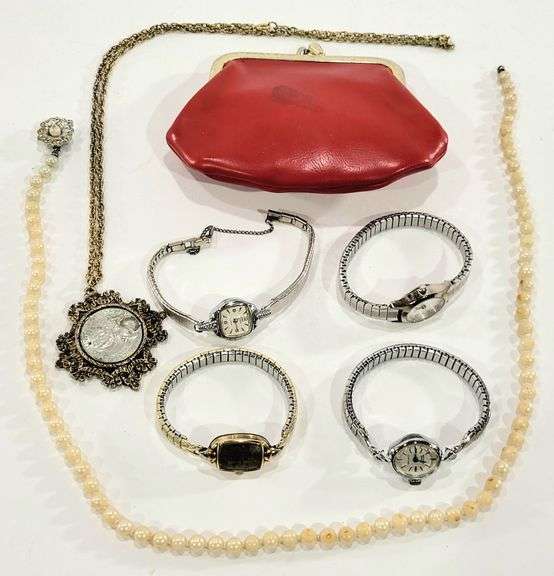 (4) VTG Women's Wrist Watches, Faux Pearl Strand, Quarter Necklace, & Coin Purse