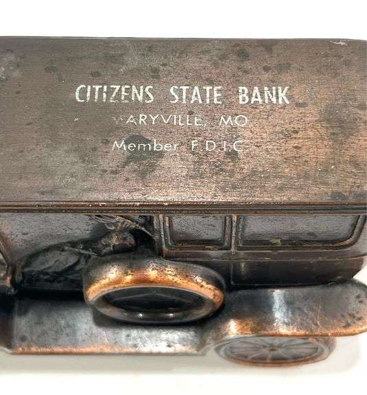 Vintage Brass Citizens Bank Maryville, MO Old Car Coin Bank