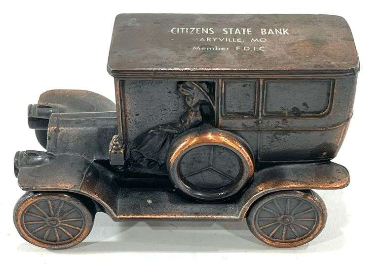 Vintage Brass Citizens Bank Maryville, MO Old Car Coin Bank