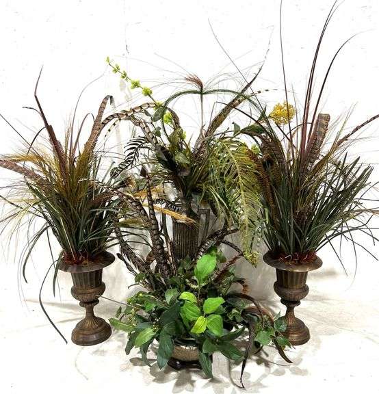 (4) Faux Potted Plants w/ Turkey Feathers