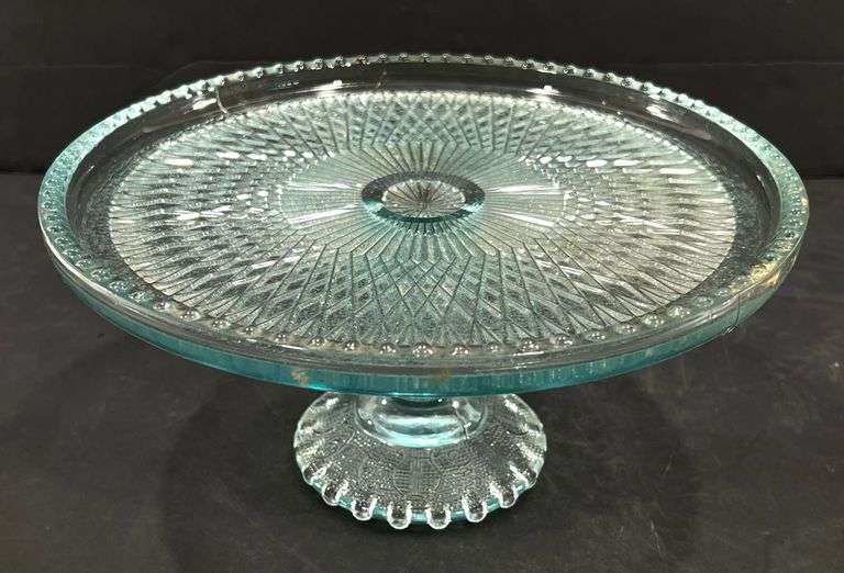 Vintage Rare Jeanette Blue Glass 10” Pedestal Cake Plate