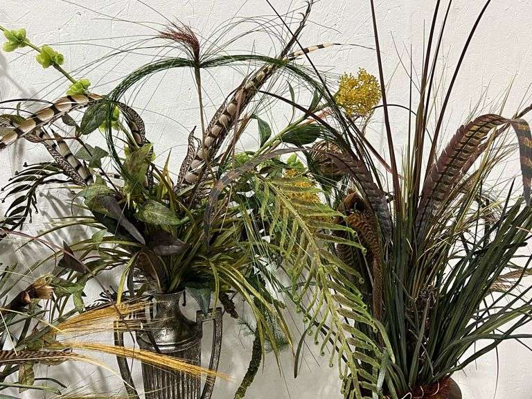 (4) Faux Potted Plants w/ Turkey Feathers