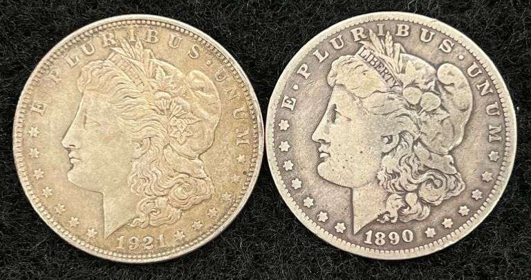 1890-O & 1921 Morgan Dollar, VG & XF