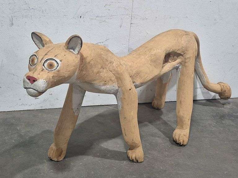 Large Hand Carved & Painted Wooden Cougar