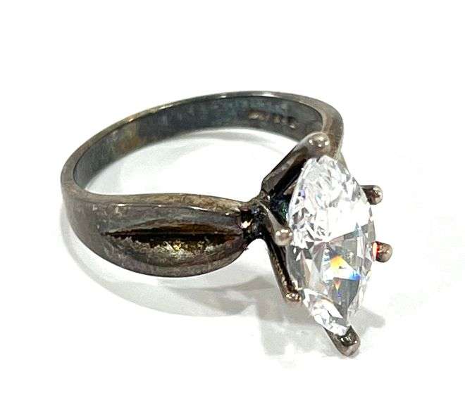 Sterling Silver Marquise Cut Faux Diamond Ring Sz 8