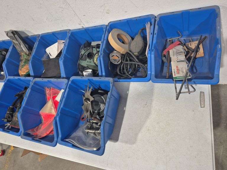(10) Blue Stackable Plastic Storage Bins Of Mystery Hardware, Parts, & Tools