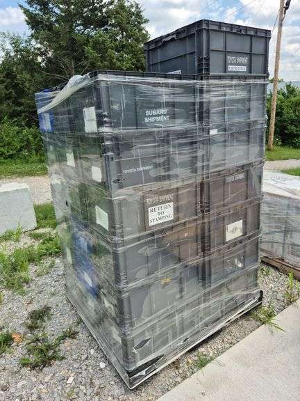 (37)Stackable Heavy Duty Plastic Totes - Black And Gold Auctions