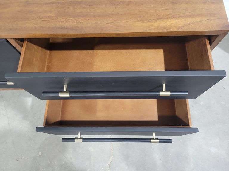 Concu Par Vuue CB2 Oberlin 4-Drawer Low Black Vegan Leather & Wood Dresser