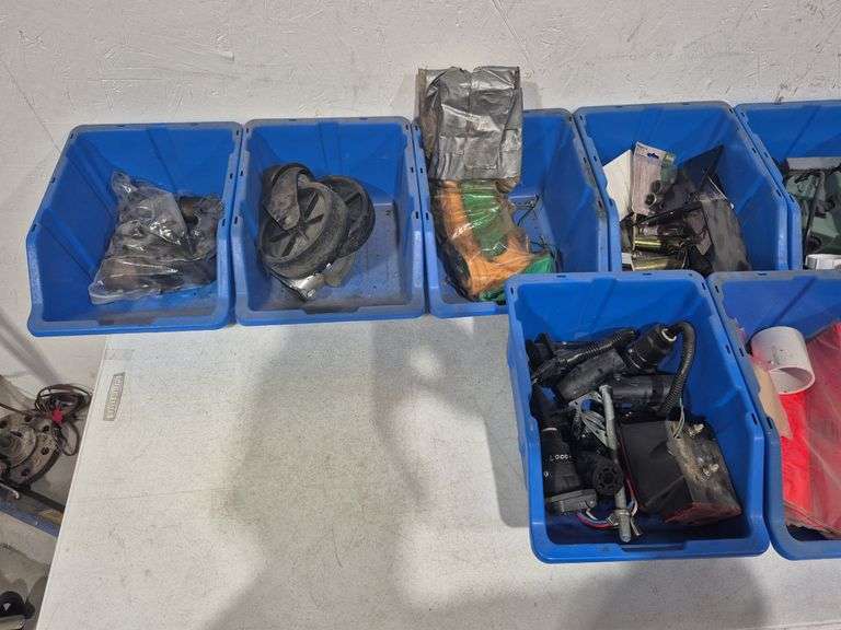 (10) Blue Stackable Plastic Storage Bins Of Mystery Hardware, Parts, & Tools