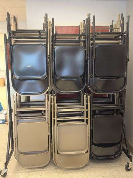 (~60) Metal Folding Chairs + Rolling Rack - Black And Gold Auctions