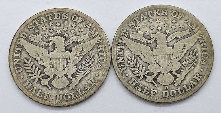 1912-S & 1913-D Barber Half Dollars, Both Good