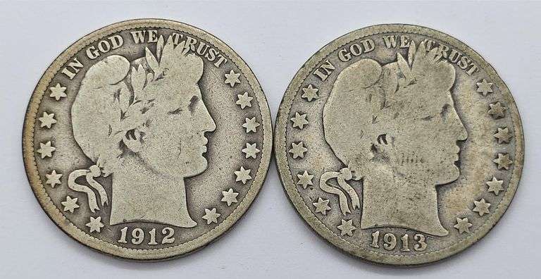 1912-S & 1913-D Barber Half Dollars, Both Good