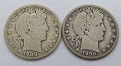 1908-S & 1909 Barber Half Dollars, Good & VG