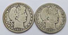 1912-S & 1913-D Barber Half Dollars, Both Good