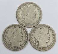 1909-O, 09-S & 1910 Barber Half Dollars