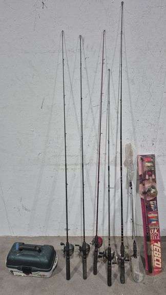 (7) Fishing Rods & Reels & Tackle Box - Black And Gold Auctions
