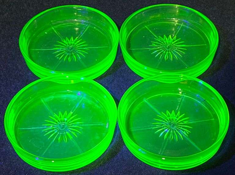 (4) Vintage Federal Green Glowing Glass Coasters