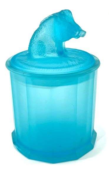Vintage TIFFIN Glass Blue Satin Wild Boar Tobacco Jar