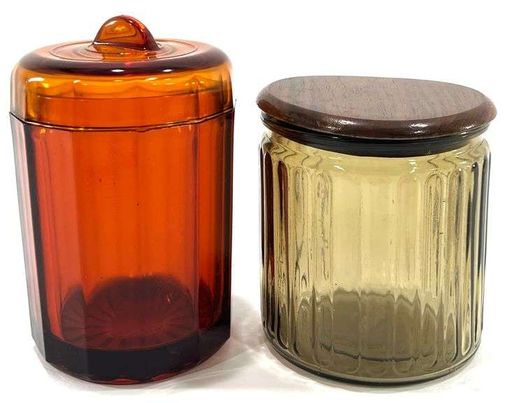 Antique Amber Glass & Vintage Aztec Glass Tobacco Jars - Black And Gold ...