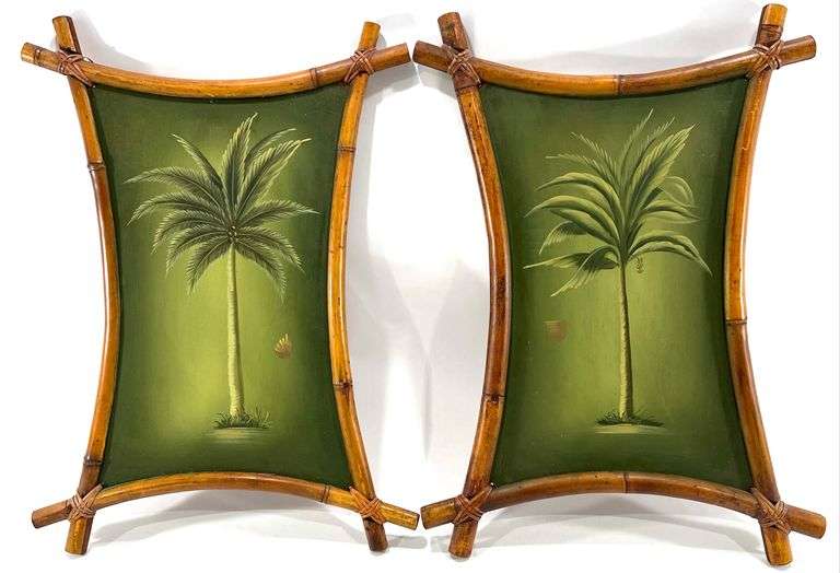 Oil On Board Palm Tree Art w/ Exotic Bamboo Frames