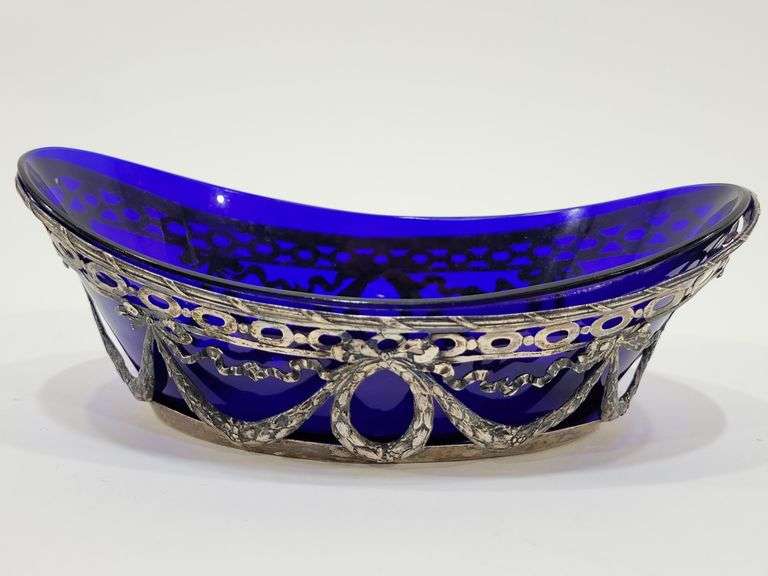 VTG 80% Silver Basket w Cobalt Glass Insert