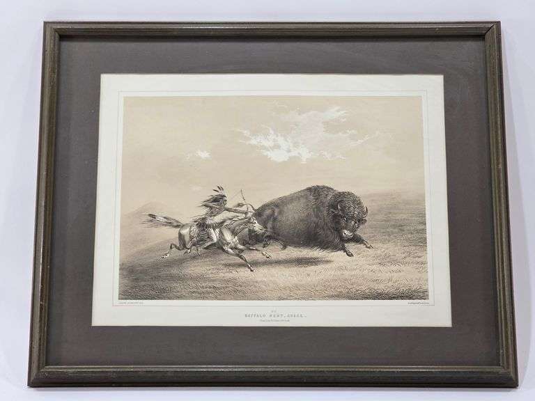 "Buffalo Hunt Chase No 5" George Catlin’s Stone Lithograph