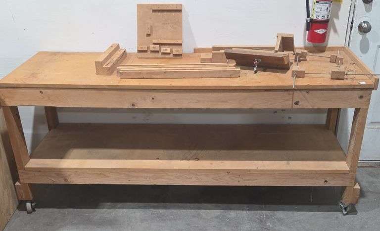 Custom-Made Wooden Work Bench On Casters W/Assortment Of Wood Working ...