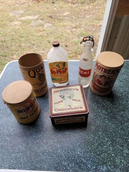 Vintage bottles and tin, and cardboard containers