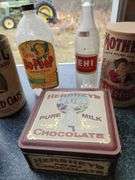 Vintage bottles and tin, and cardboard containers