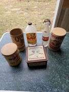 Vintage bottles and tin, and cardboard containers