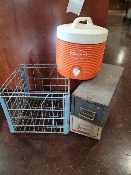 Miscellaneous Storage Drawers. Metal Milk Crate and Water cooler