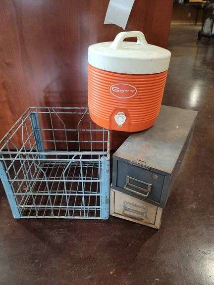 Miscellaneous Storage Drawers. Metal Milk Crate and Water cooler