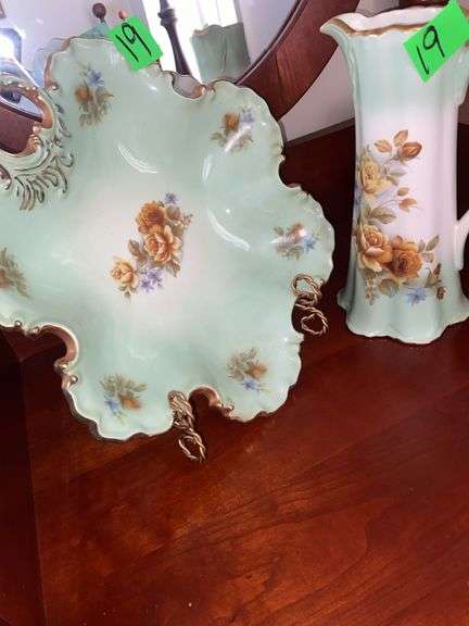 Light green decorative dish and pitcher