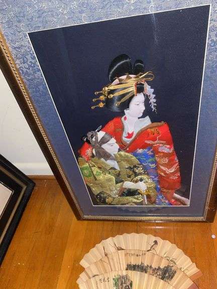 Chinese Dragon  Carved Wood Picture Frame, large framed Chinese couple, & 3 Chinese fans.