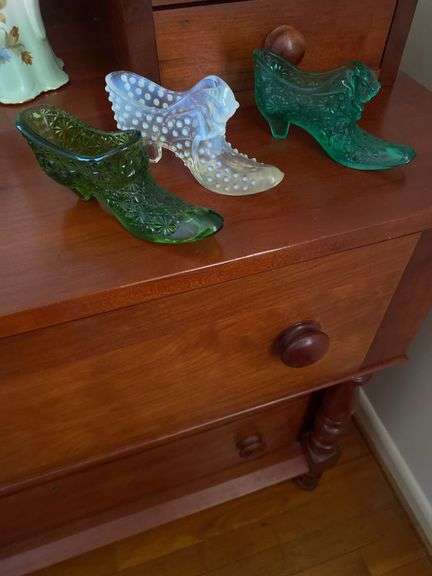 Daisy & button green glass slipper, Fenton Opalescent Hobnail slipper, & Vintage Green Depression Gl