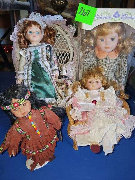 Victorian Beauty 12" Porcelain Doll, Victorian 12" Porcelain Doll with White Wicker Chair, 8" Native