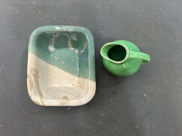 Mint green pitcher (3" tall) & green/tan rectangle bowl (7x5)