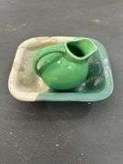 Mint green pitcher (3" tall) & green/tan rectangle bowl (7x5)