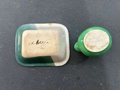 Mint green pitcher (3" tall) & green/tan rectangle bowl (7x5)