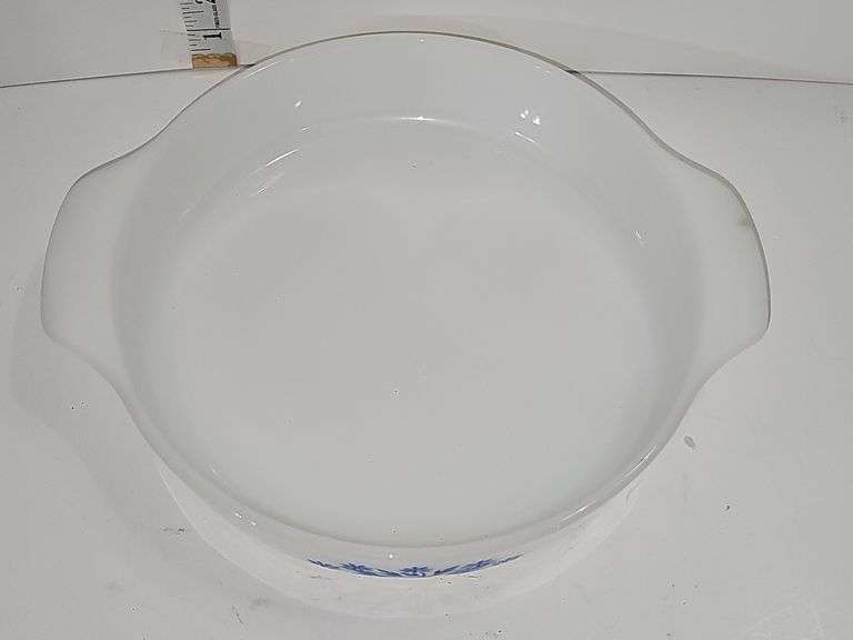 Vintage Anchor Hocking Fire King casserole dish with a blue cornflower pattern.