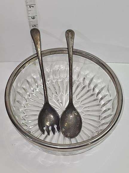 Cut glass bowl with a silver-plated rim & Serving utensils