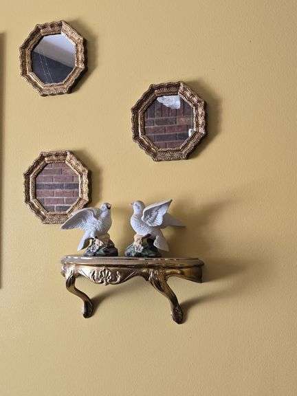 Framed Print, 3pc mirror, shelf, doves, & wall sconce.