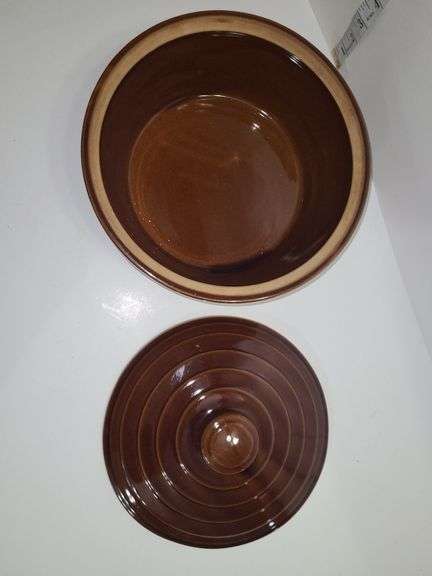 Vintage Monmouth Pottery ovenproof casserole dish with a lid.