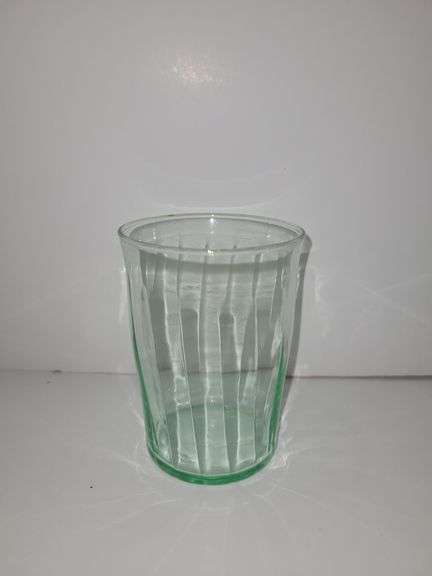 Green depression glass juice glasses. (Uranium Glasses)