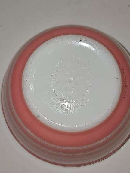 Vintage PYREX "Rainbow Stripes" mixing bowl in pink.